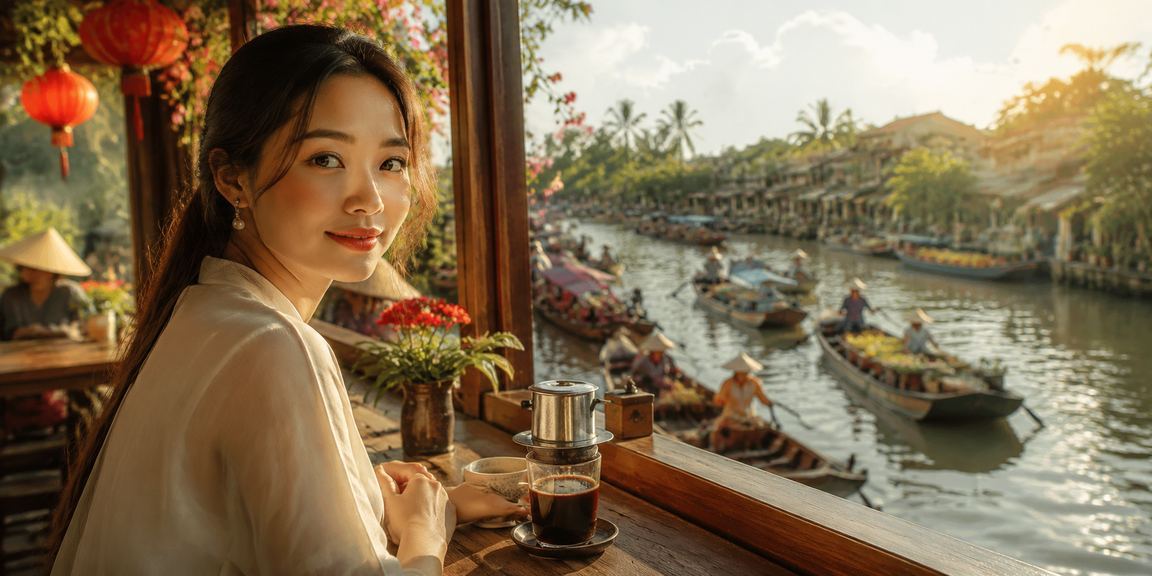 Cảnh người chơi đặt cược thể thao thưởng thức cà phê tại miền Tây sông Mekong